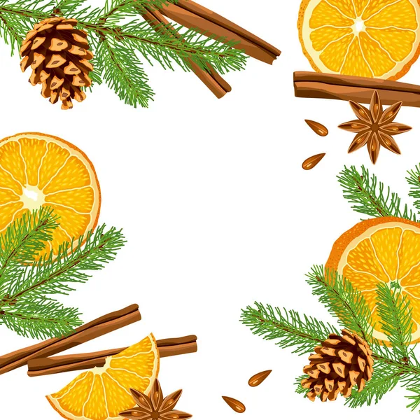 Beyaz bir arkaplanda Noel çerçevesi, Noel havası, narenciye kokulu, köknar dalları, portakal dilimleri, tarçın, karanfil, yeni yıl, Noel, kağıt için arka plan.