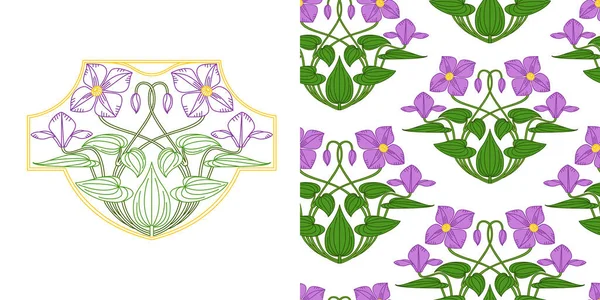 Clematis menekşe çiçekleri, beyaz arka planda kusursuz bir süs. Tasarım için Clematis ögesi. Kumaş dekorasyonu için arka plan. Vektör resmi.