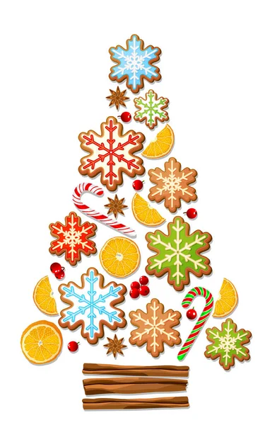 Χριστουγεννιάτικο Δέντρο Διακόσμηση Πρωτοχρονιάς Μελόψωμο Μπισκότα Μελόψωμου Γλυκά Πορτοκάλια Κανέλα — Διανυσματικό Αρχείο