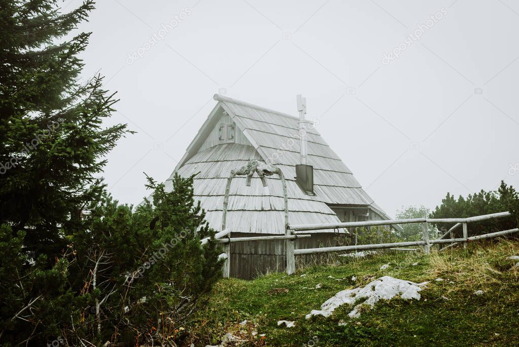 Traditional wooden houses among green trees and fog. Mountain relaxation. Velika Planina, Slovenia.