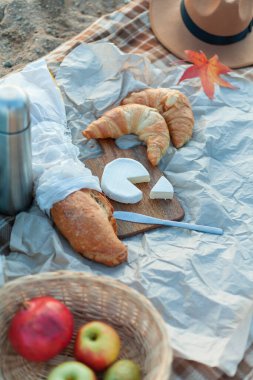 Göl kenarında güzel bir piknik. Sıcak çay, termos, battaniye, kruvasan, peynir, meyve, balkabağı. Güzel bir sonbahar dekoru. Düş.