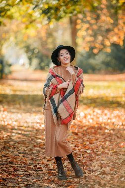 Parktaki genç ve güzel bir kadının sonbahar portresi