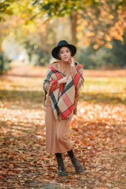 Parktaki genç ve güzel bir kadının sonbahar portresi