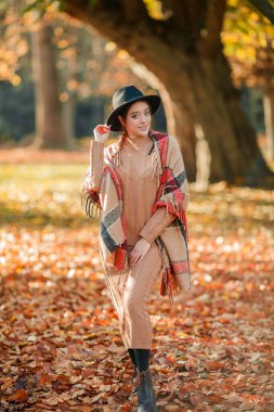 Parktaki genç ve güzel bir kadının sonbahar portresi