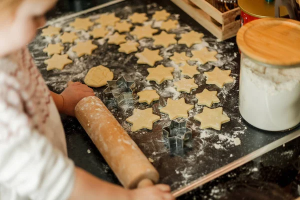 Little Girl Bakes Cookies Form Stars Christmas Cookies Stock Picture
