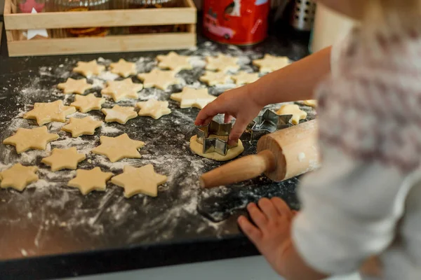 Little Girl Bakes Cookies Form Stars Christmas Cookies Royalty Free Stock Images
