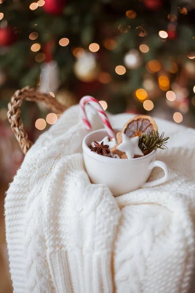 Weidenkorb Strickpullover Getrocknete Zitrusfrüchte Zimtstangen Weihnachtsplätzchen Weihnachtsbeleuchtung Kuscheliger Winter — Stockfoto