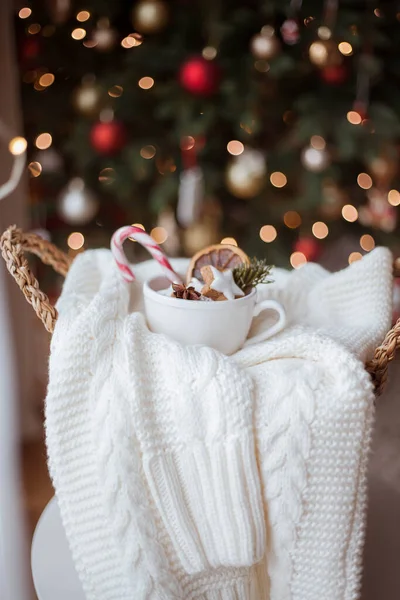 Cesta Mimbre Suéter Punto Cítricos Secos Palitos Canela Galletas Navidad — Foto de Stock