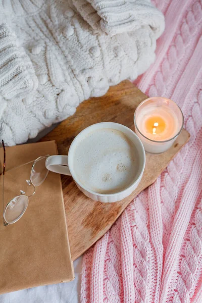 Knitted Sweater Pink Plaid Candle Cappuccino Mug Book Glasses Bed — Stock Photo, Image