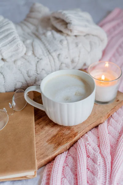 Knitted Sweater Pink Plaid Candle Cappuccino Mug Book Glasses Bed — Stock Photo, Image