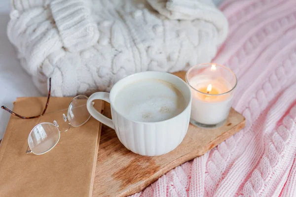 Knitted Sweater Pink Plaid Candle Cappuccino Mug Book Glasses Bed — Stock Photo, Image
