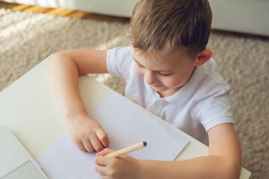 Öğrenci internette ders çalışıyor. Oğlan nişanlandı. Karantinaya alın. Çevrimiçi.