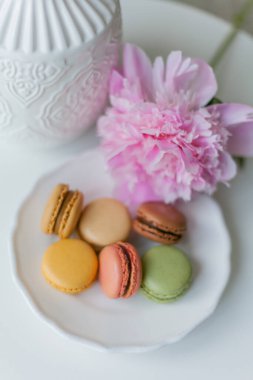 Oturma odasının içi. Vazoda bir buket pembe şakayık, rengarenk Fransız kurabiyesi. Samimi.