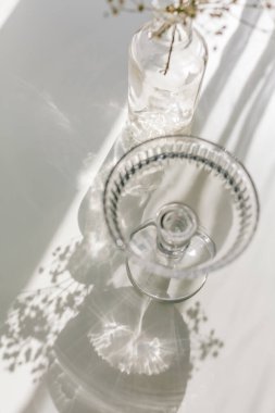 Cam ve çiçeklerin beyaz arka planında gölgeler. Işık huzmelerinde cam bir vazoda kurumuş çiçekler. Ev.