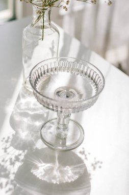 Cam ve çiçeklerin beyaz arka planında gölgeler. Işık huzmelerinde cam bir vazoda kurumuş çiçekler. Ev.