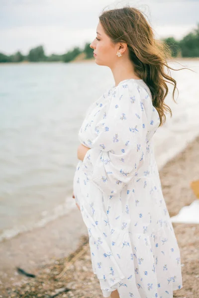 Ung Vacker Gravid Kvinna Vacker Klänning Nära Havet Picknick — Stockfoto