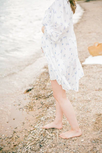 Joven Mujer Embarazada Hermosa Hermoso Vestido Cerca Del Mar Picnic —  Fotos de Stock