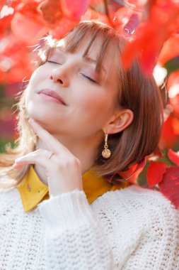 Sonbahar bahçesinde güzel bir genç kadının portresi. Parlak sonbahar renkleri. Düş.