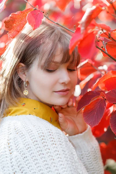 Portret Pięknej Młodej Kobiety Jesiennym Ogrodzie Jasne Kolory Jesieni Spadek — Zdjęcie stockowe