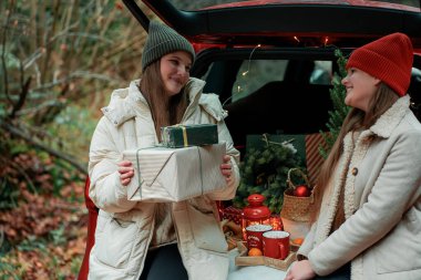 Noel 'i dışarıda sıcak kakaoyla kutlayan bir aile. İki genç kız birbirlerine hediye verir. Yeni Yıl.