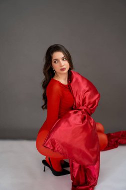 Yeni yıl konsepti. Elinde büyük kırmızı bir fiyonk olan, şenlikli elbiseli genç bir kadının portresi. Noel.