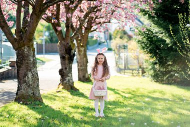Paskalya havası. Tavşan kulaklı şirin küçük kız çiçek açan bir parktaki çimenlikte renkli yumurtaları topluyor..