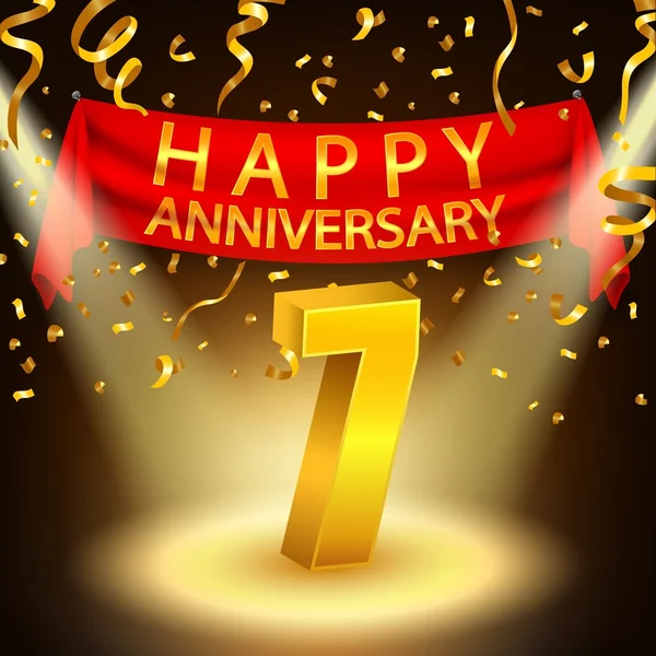 Gelukkige 7e verjaardag viering met gouden confetti en Spotlight — Stockvector