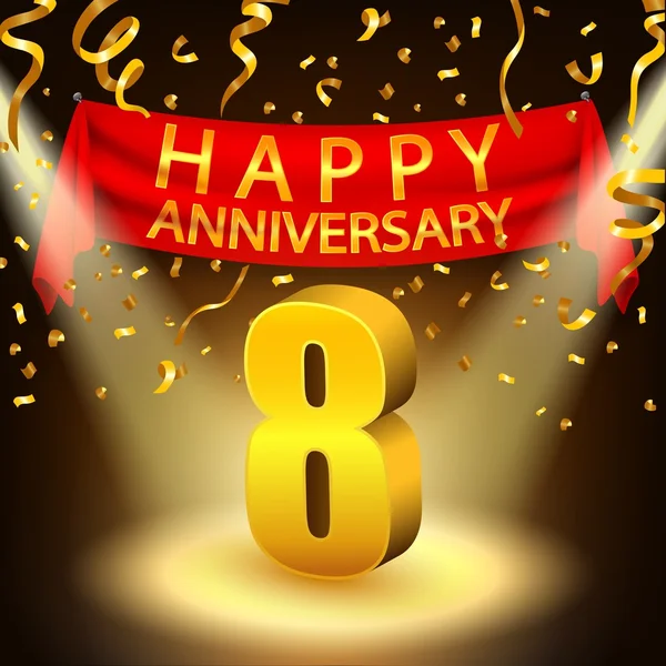 Gelukkige 8e verjaardag viering met gouden confetti en Spotlight — Stockvector