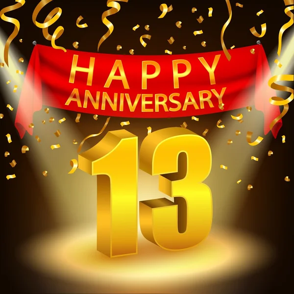 Happy 13th Anniversary celebration with golden confetti and spotlight — Stock Vector
