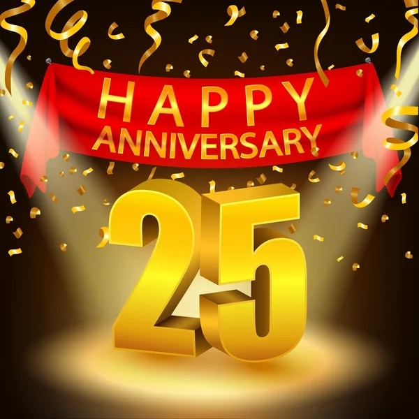 Happy 25th Anniversary celebration with golden confetti and spotlight — Stock Vector