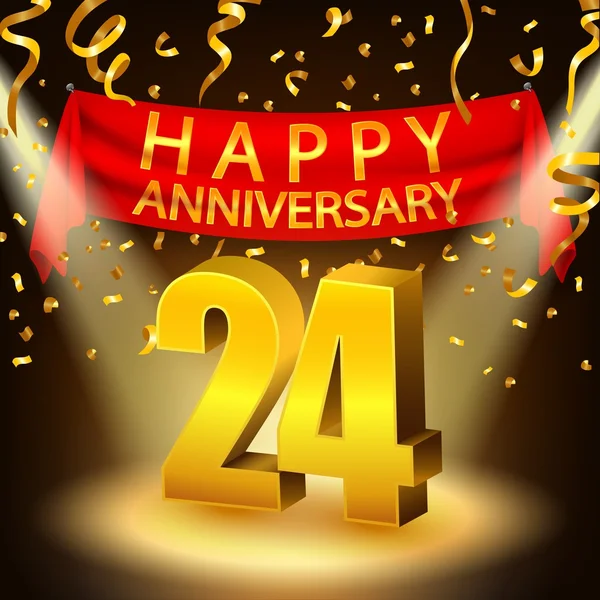 Happy 24th Anniversary celebration with golden confetti and spotlight — Stock Vector