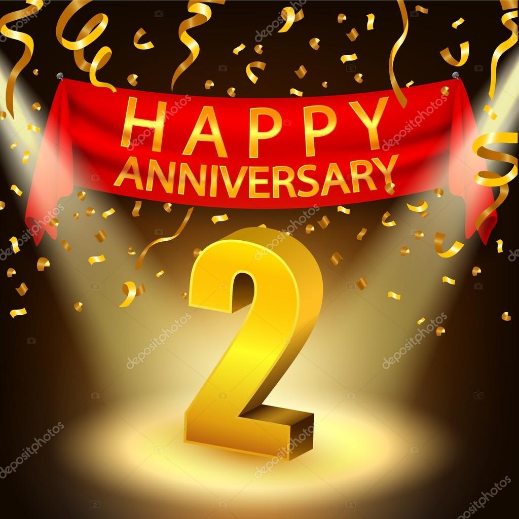 Feliz celebración del 2º Aniversario con confeti dorado y centro de