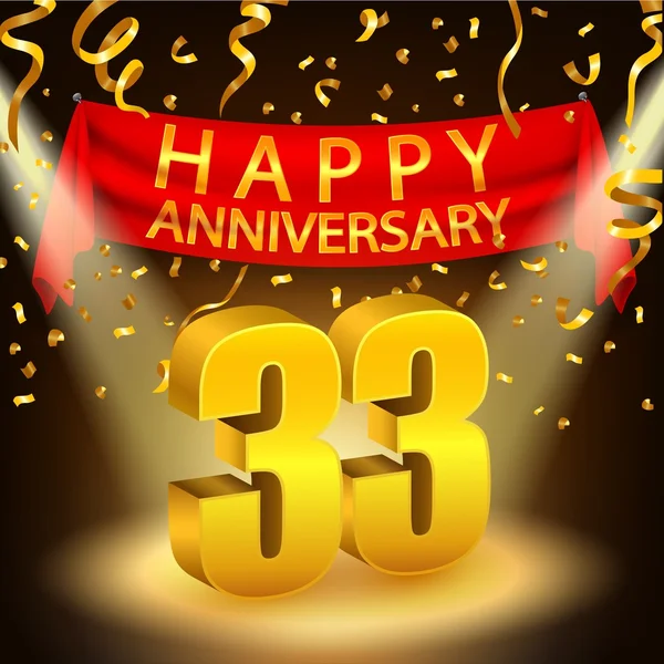 Happy 33th Anniversary celebrazione con coriandoli d'oro e riflettori — Vettoriale Stock