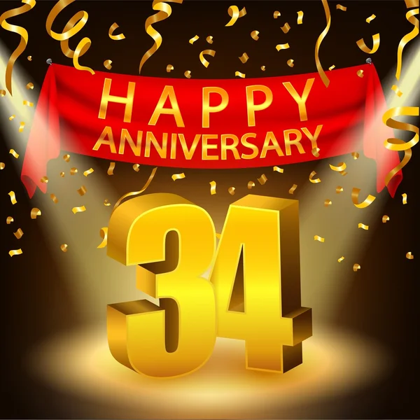 Happy 34th Anniversary celebrazione con coriandoli d'oro e riflettori — Vettoriale Stock