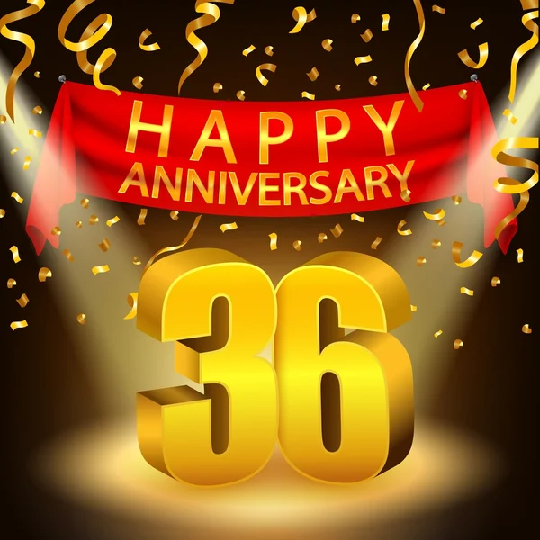 Gelukkige 36e verjaardag viering met gouden confetti en Spotlight — Stockvector
