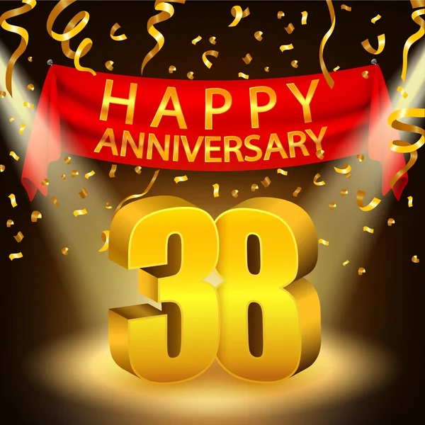 Altın konfeti ve spot ışığı ile Mutlu 38 Yıldönümü kutlaması — Stok Vektör