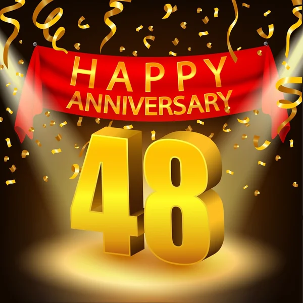 Feliz aniversário de 48 anos com confetes dourados e holofotes — Vetor de Stock