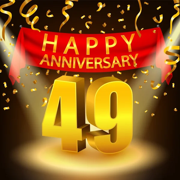 Happy 49th Anniversary celebrazione con coriandoli d'oro e riflettori — Vettoriale Stock