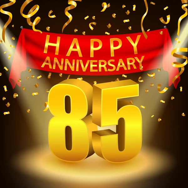Altın konfeti ve spot ışığı ile Mutlu 85 Yıldönümü kutlaması — Stok Vektör