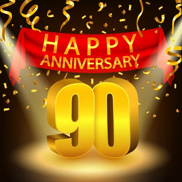 Feliz aniversário de 90 anos com confetes dourados e holofotes —  Vetores de Stock