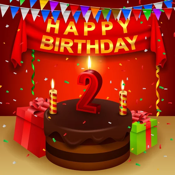 Feliz segundo aniversário com bolo de creme de chocolate e bandeira triangular —  Vetores de Stock
