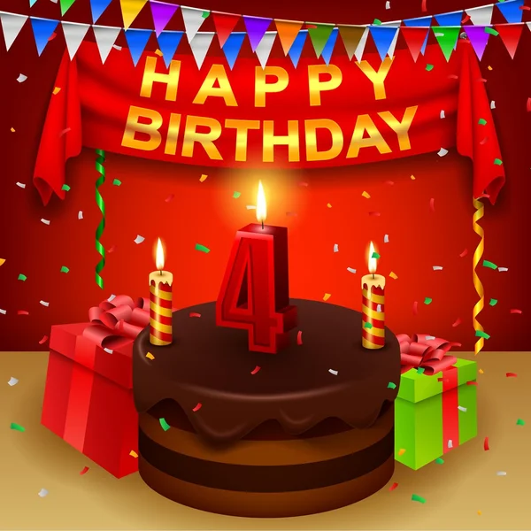 Happy 4th urodziny tort czekoladowy i trójkątne flagi — Wektor stockowy