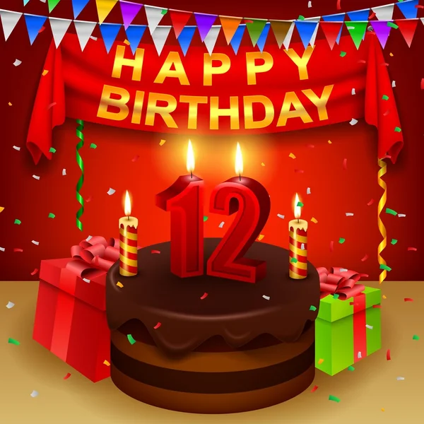 12. szczęśliwy urodziny tort czekoladowy i trójkątne flagi — Wektor stockowy