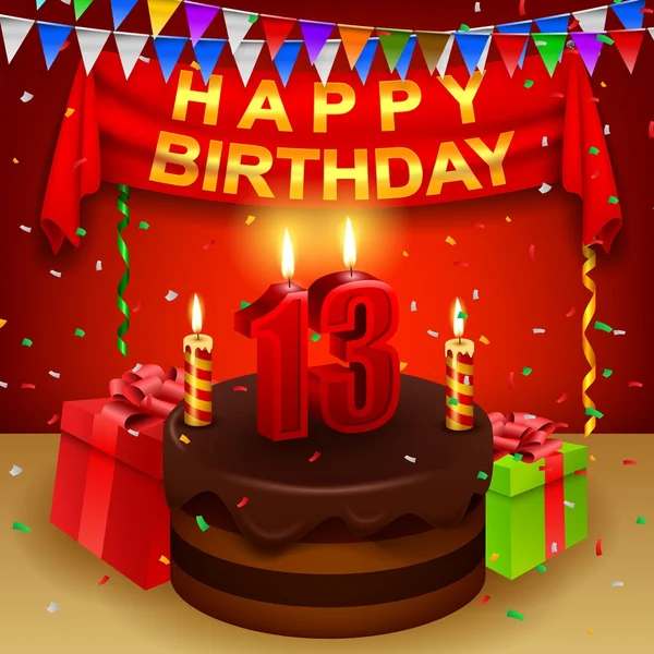 Szczęśliwa 13 urodziny tort czekoladowy i trójkątne flagi — Wektor stockowy
