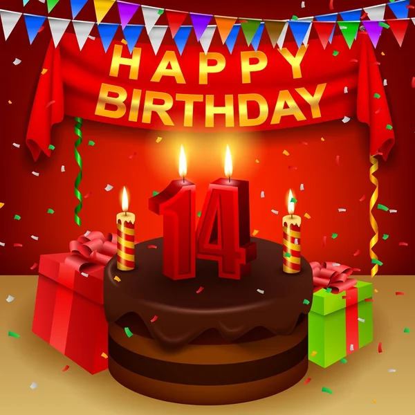 Szczęśliwy 14 urodziny tort czekoladowy i trójkątne flagi — Wektor stockowy