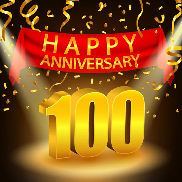 Feliz aniversário de 100 anos com confetes dourados e holofotes —  Vetores de Stock