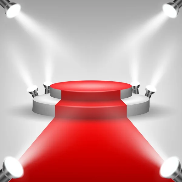 Червоний килим на сцену подіуму з прожекторами — стоковий вектор
