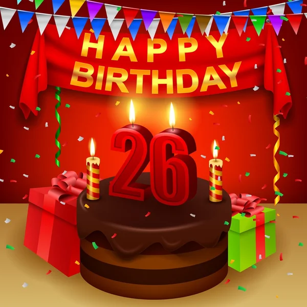 Feliz aniversário 26 com bolo de creme de chocolate e bandeira triangular —  Vetores de Stock