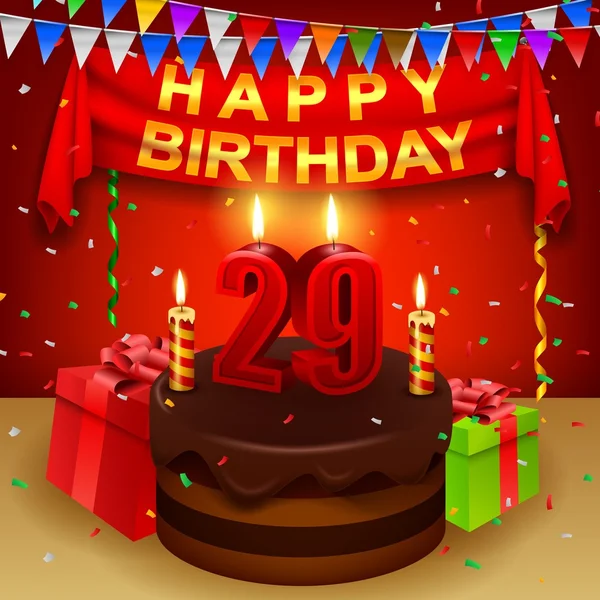 Feliz aniversário 29 com bolo de creme de chocolate e bandeira triangular —  Vetores de Stock