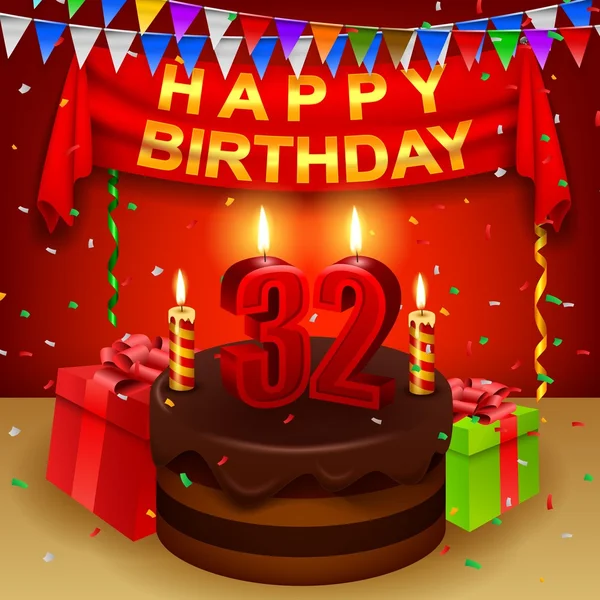 Feliz aniversário 32 com bolo de creme de chocolate e bandeira triangular —  Vetores de Stock